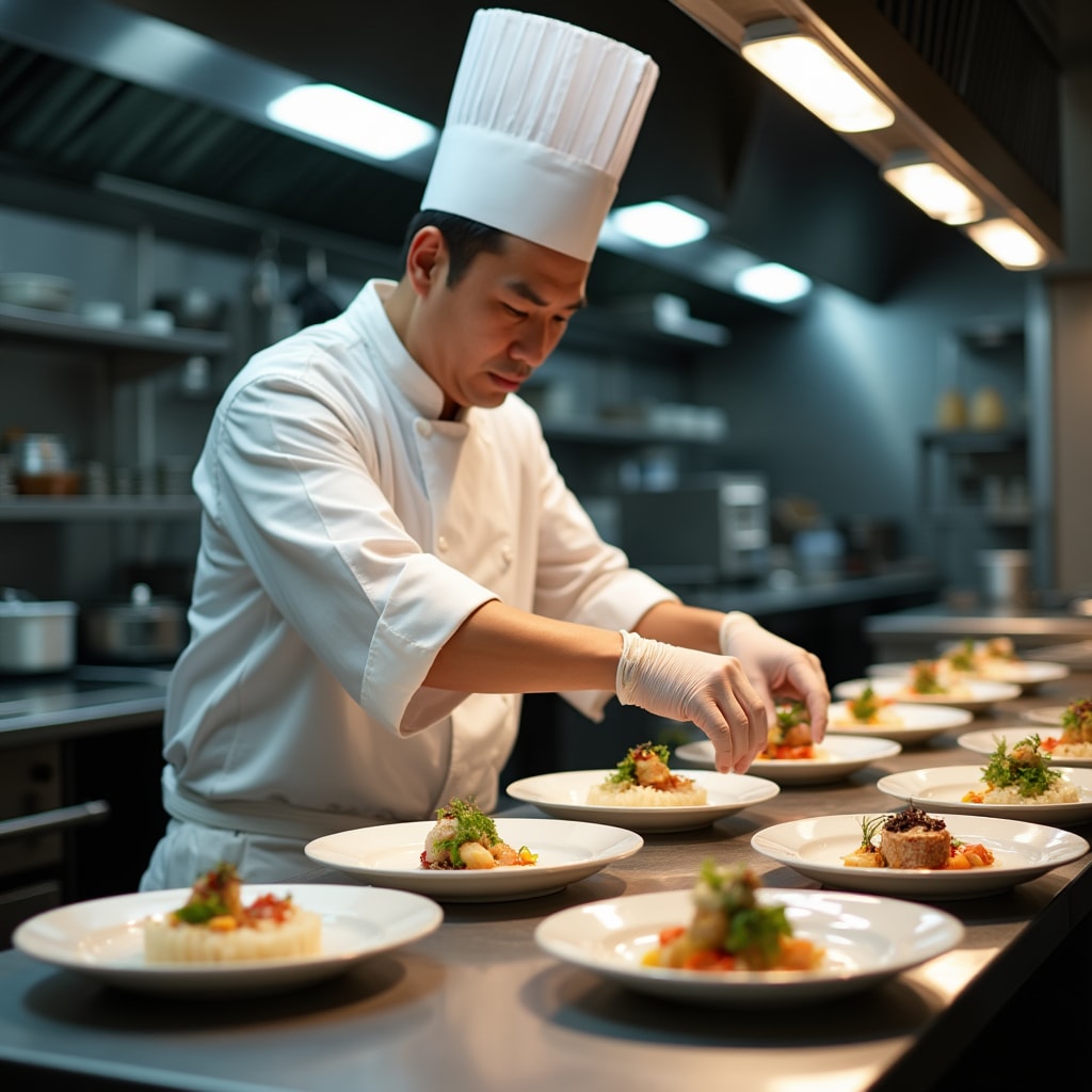 Professional chef carefully plating multiple dishes in commercial kitchen