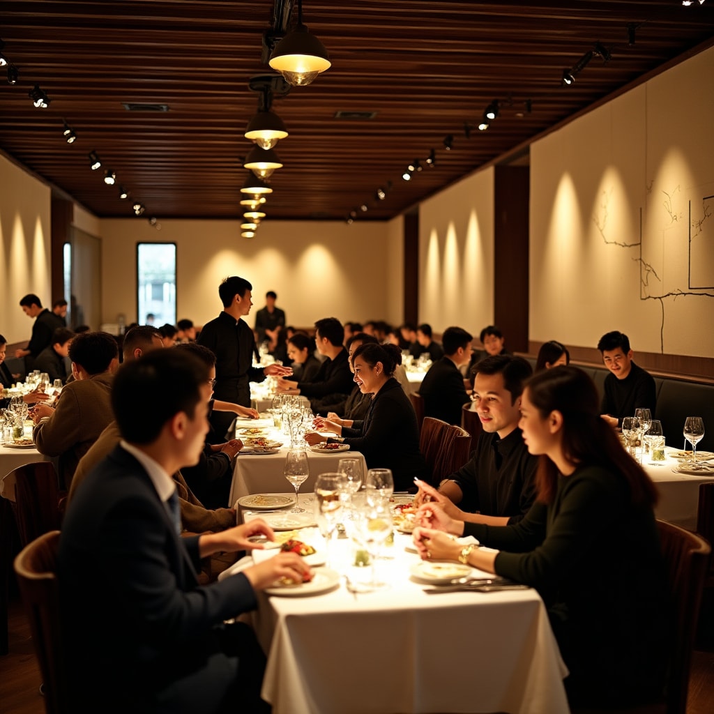 Restaurant dining room during busy evening service with multiple occupied tables