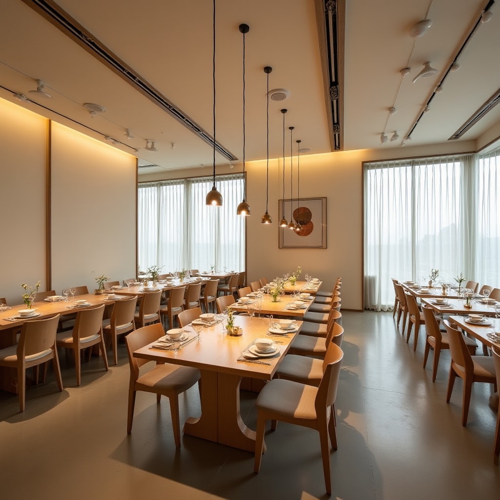 Modern restaurant interior with clean lines and organized seating layout