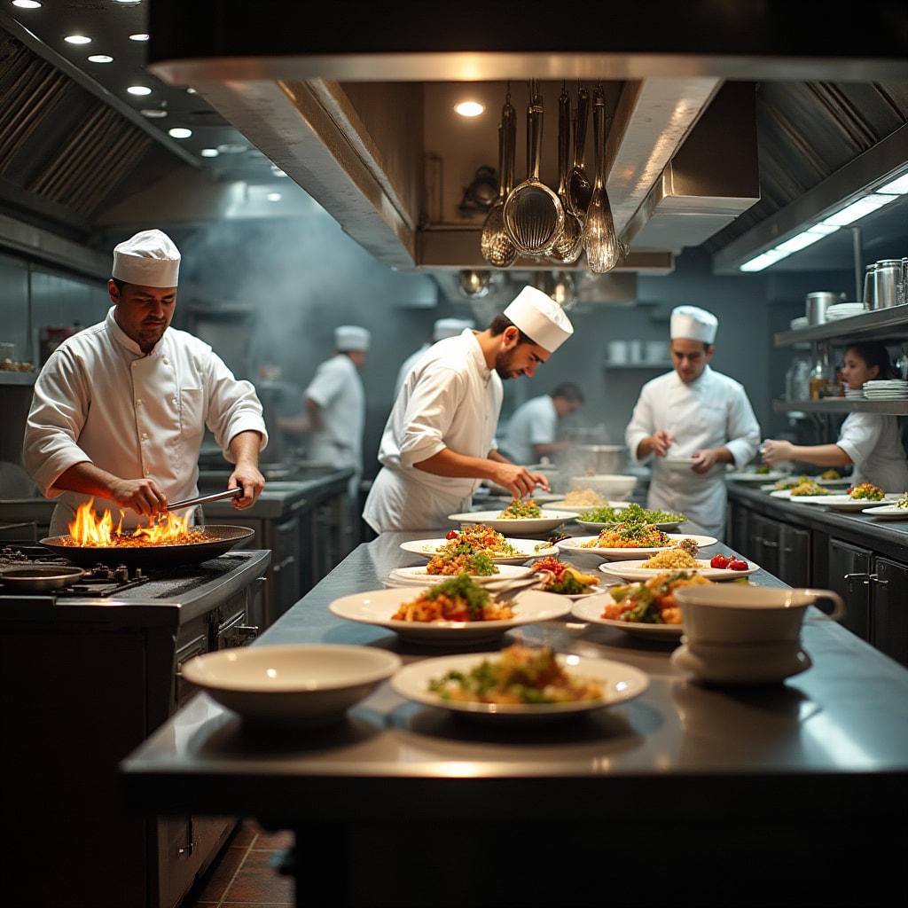 Busy restaurant kitchen during service with multiple chefs coordinating food preparation across different stations