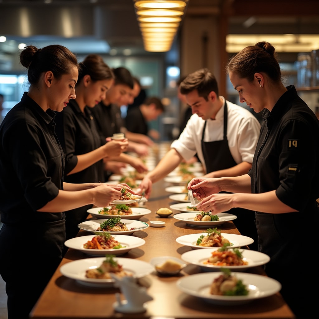 Restaurant staff coordinating during busy service period with servers and kitchen team working in synchronized workflow