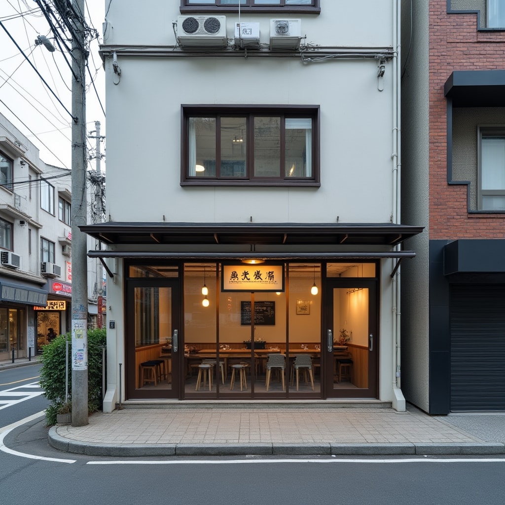Exterior view of small independent restaurant in Japanese urban setting with traditional and modern elements